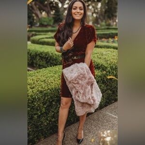 CAbi Velvet Grace Tribute Midi Dress #3696 Burgundy Red V-Neck Short Sleeve M